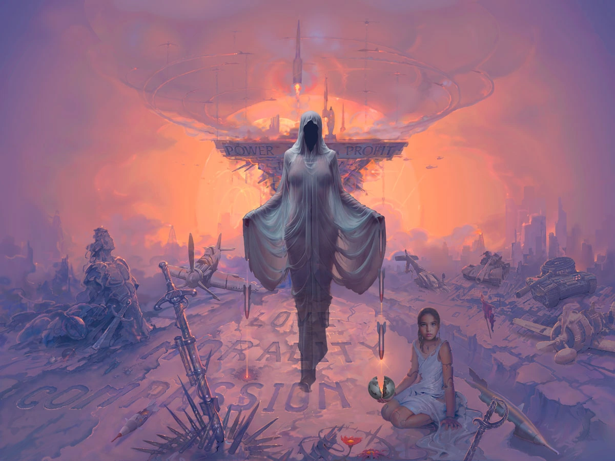 Ghost of War by John Pitre: a faceless figure towers over ruins while a child holds a fractured, glowing world