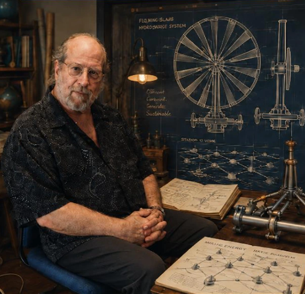 John Pitre | Visionary Artist, Inventor & Innovator | ArtopiaNFT John Pitre seated beside his invention drawings and models